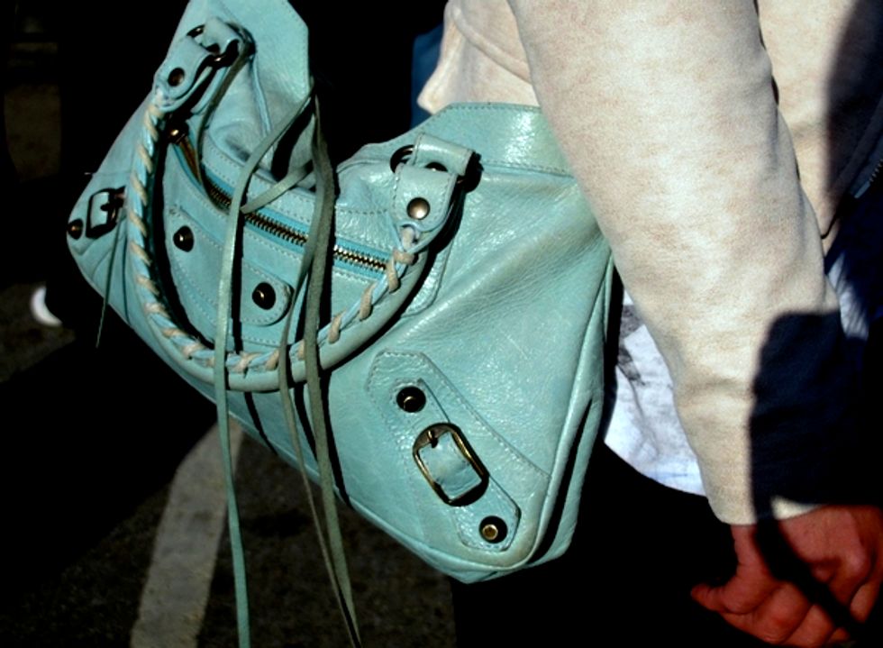 SF Street Style: A Thrifted Leather Jacket, Killer Light Blue Balenciaga Bag + Summer Cut-out Oxfords at Off The Grid
