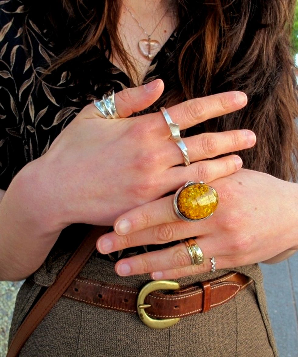 SF Street Style: High-Waisted Pants, Mixed Rings + Sharp Glasses in Pacific Heights