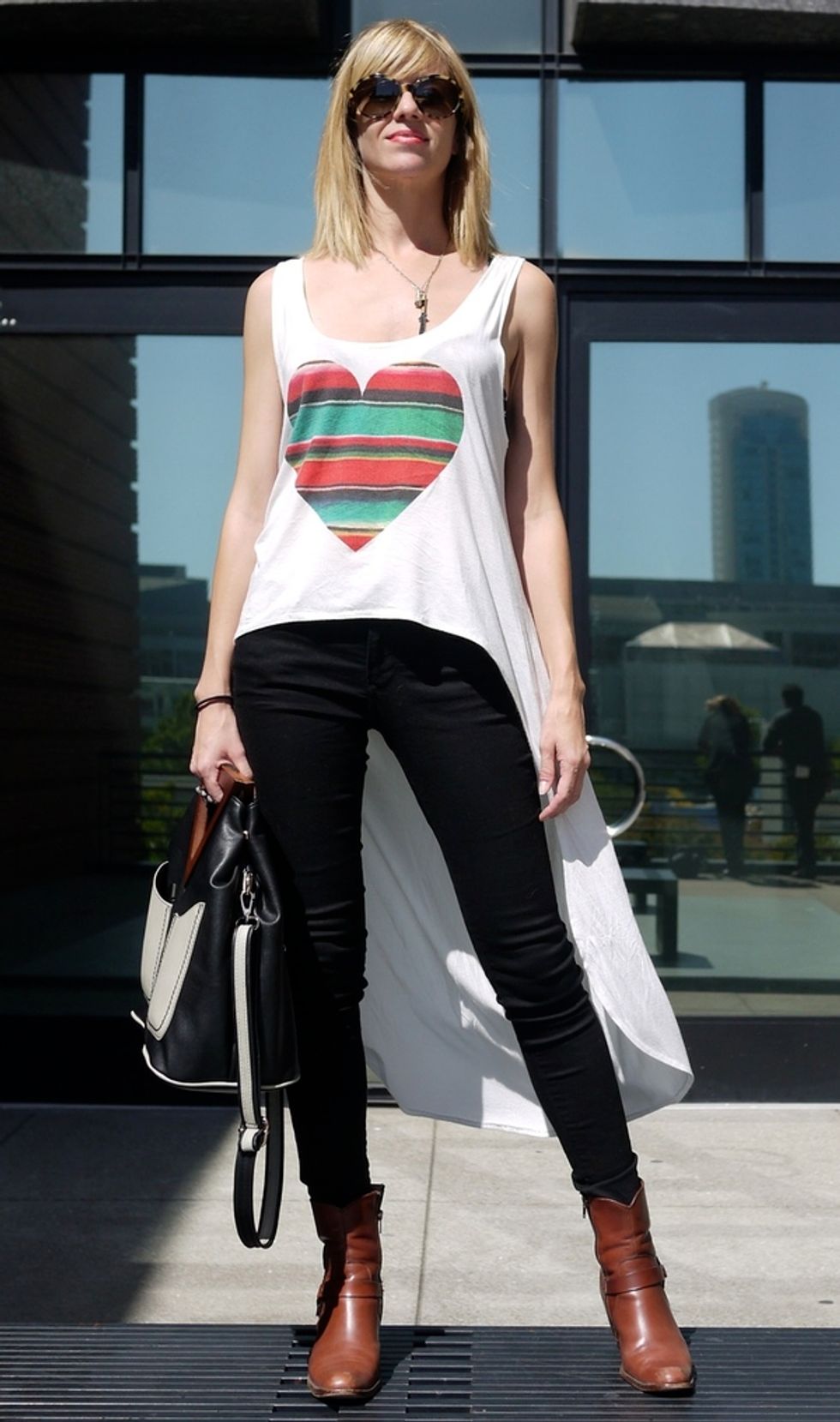 Street Style Report: A  High-low Top + Geometric Bag, at SFMOMA