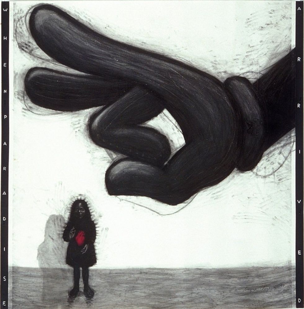 Large black hand points down at a small figure holding a red heart; text on edges.