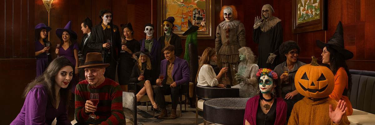 People in Halloween costumes socializing in a dimly lit, elegant room.