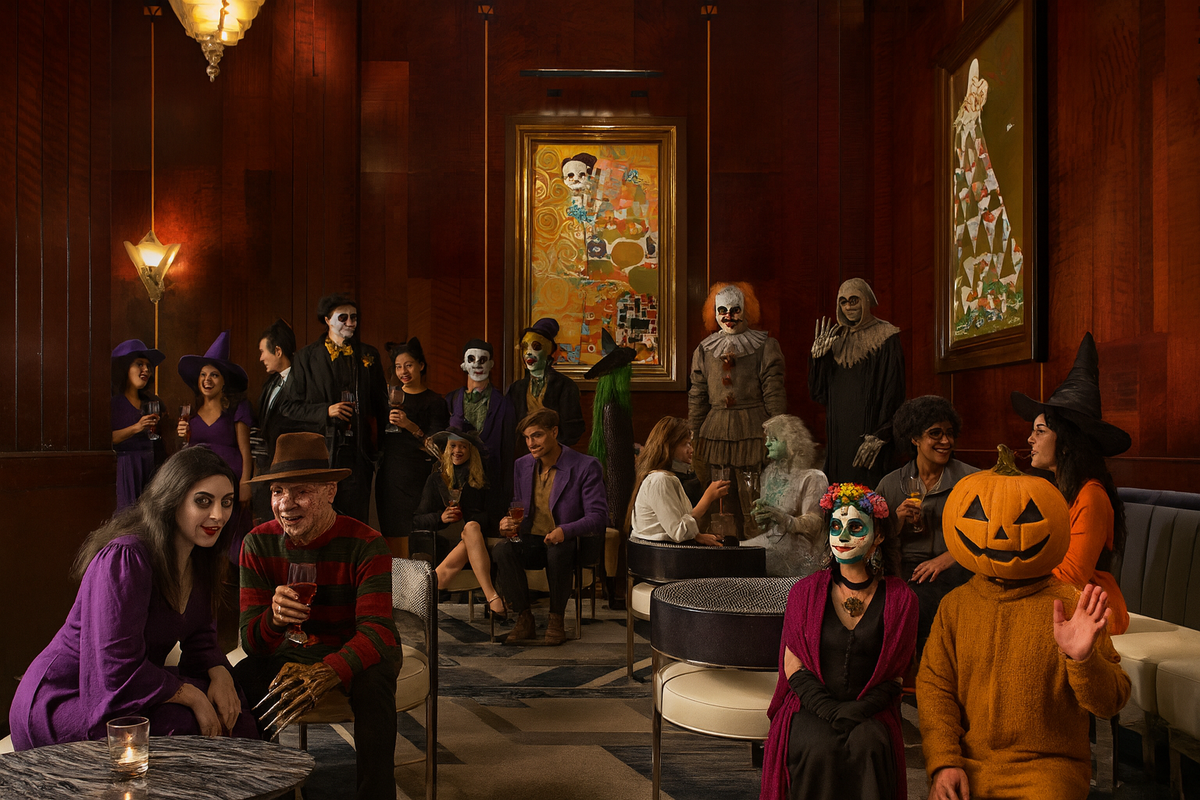 People in Halloween costumes socializing in a dimly lit, elegant room.
