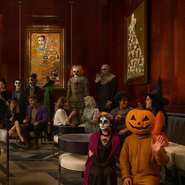 People in Halloween costumes socializing in a dimly lit, elegant room.