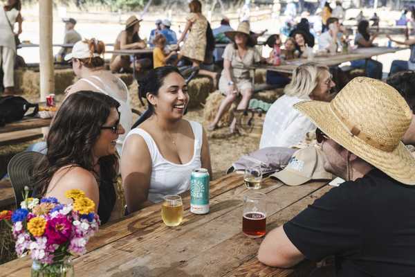 people sharing drinks at a picnic table in a pavilion at an apple festival