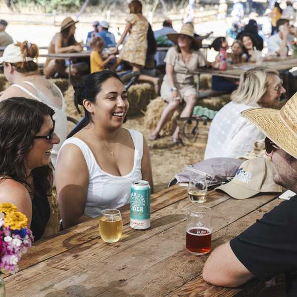 people sharing drinks at a picnic table in a pavilion at an apple festival
