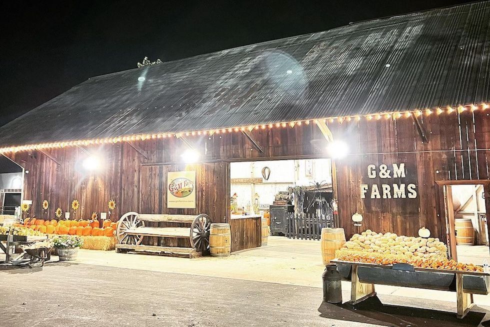 Rustic farm market at night, lit with string lights, displaying pumpkins and gourds.