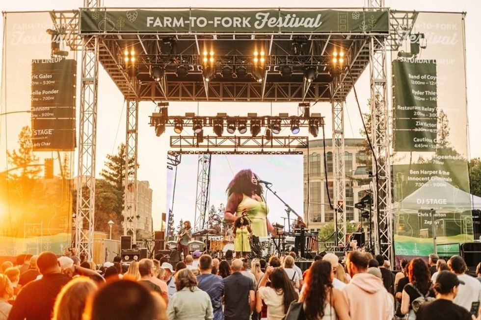 Singer performing on stage at the Farm-to-Fork Festival with a crowd and sunset backdrop.