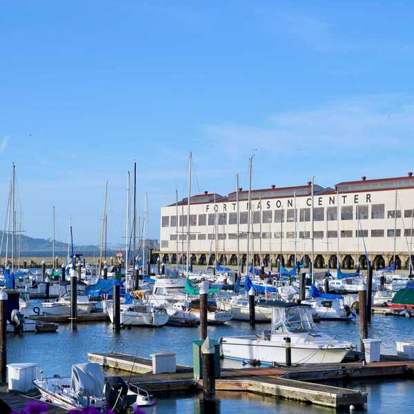 the Fort Mason Center next to a marina full of boats