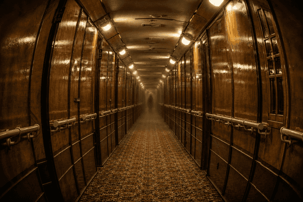 the hallway of a hotel with a ghostly figure at the end