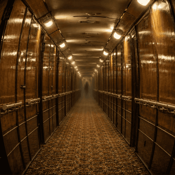 the hallway of a hotel with a ghostly figure at the end