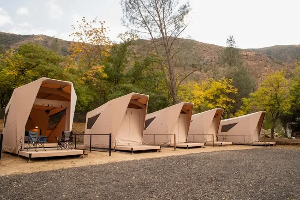 The Indian Flat Campground offers tents about a half hour outside Yosemite National Park.
