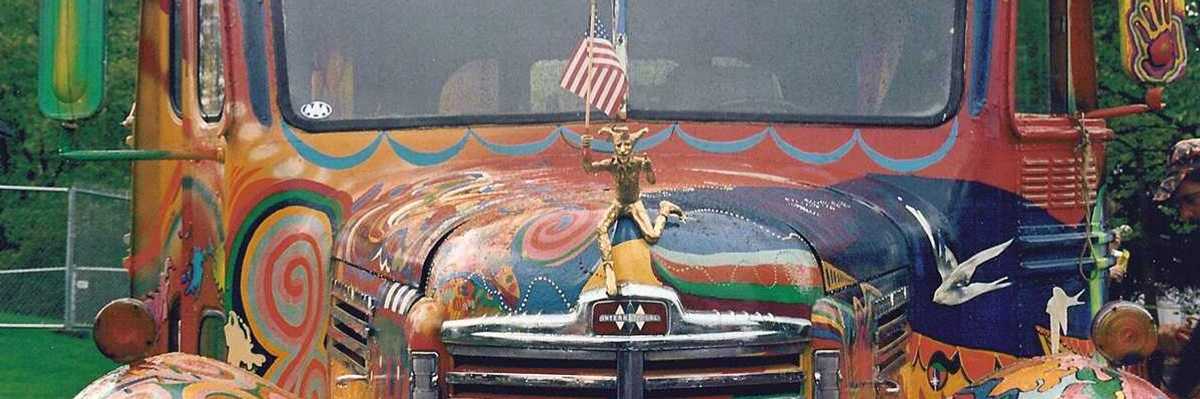 the Merry Prankster's psychedlically painted school bus that has the name Further at the top