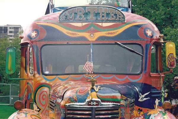 the Merry Prankster's psychedlically painted school bus that has the name Further at the top