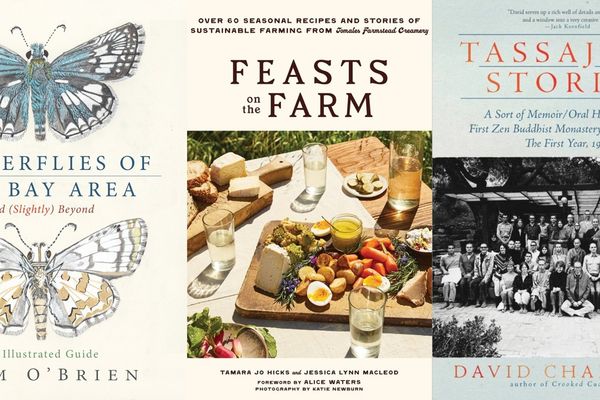 Three book covers: "Bay Area Butterflies", "Feasts on the Farm", "Tassajara Stories."