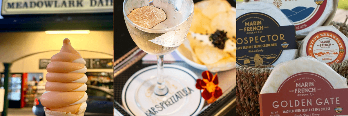 three images side-by-side: a soft serve ice cream cone, a martini and caviar, and Marin French Cheese