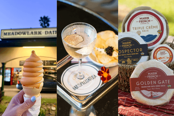 three images side-by-side: a soft serve ice cream cone, a martini and caviar, and Marin French Cheese