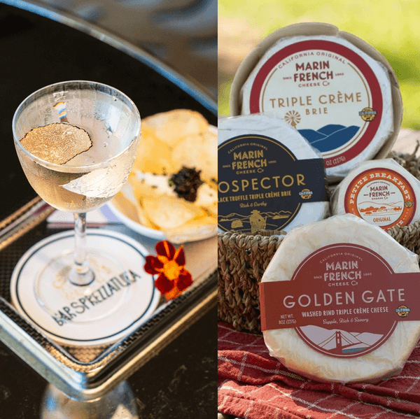 three images side-by-side: a soft serve ice cream cone, a martini and caviar, and Marin French Cheese