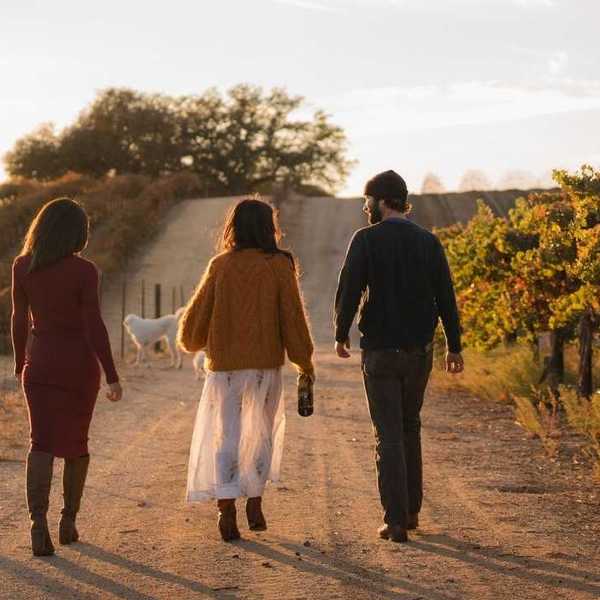 three people walking through a vineyard at the golden hour