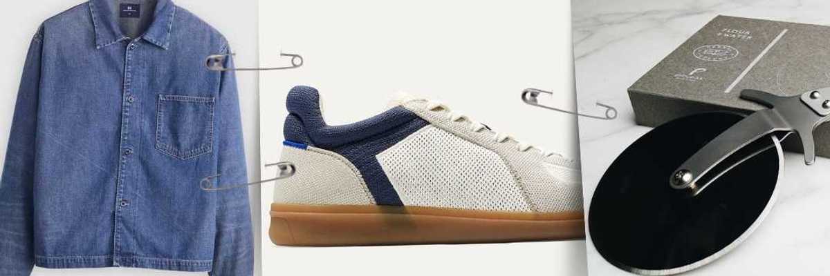 three snapshots showing a denim shirt, a white sneaker, and a steel pizza cutter