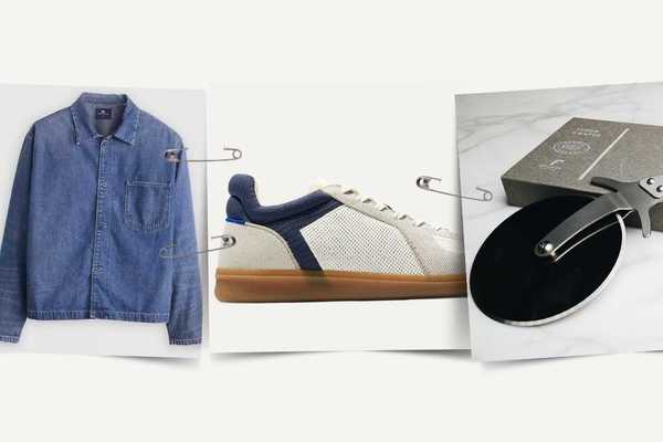 three snapshots showing a denim shirt, a white sneaker, and a steel pizza cutter