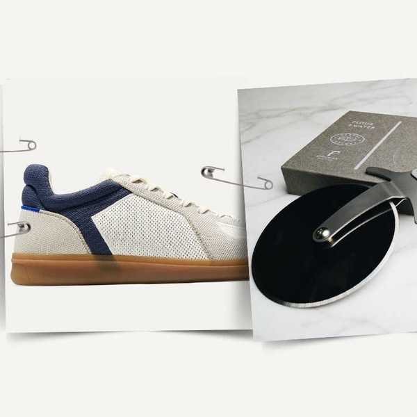 three snapshots showing a denim shirt, a white sneaker, and a steel pizza cutter