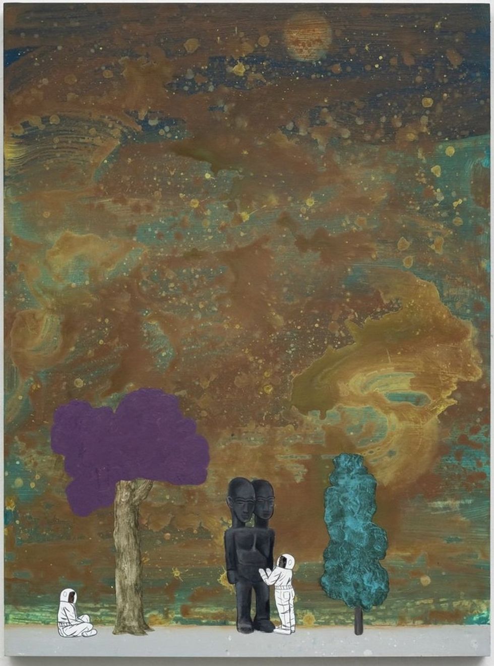 Two astronauts with sculptures under a colorful, abstract night sky with trees.