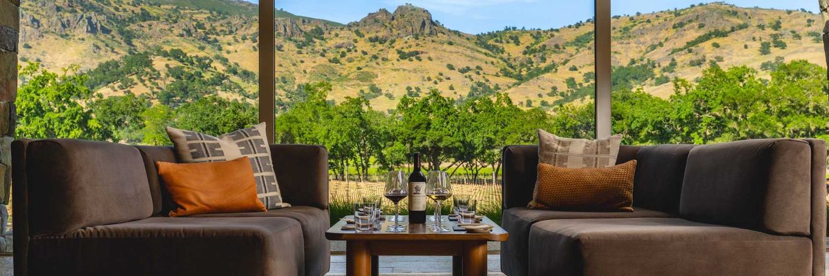 two couches with a coffee table with wine and wine glasses and a large window with a view of Napa