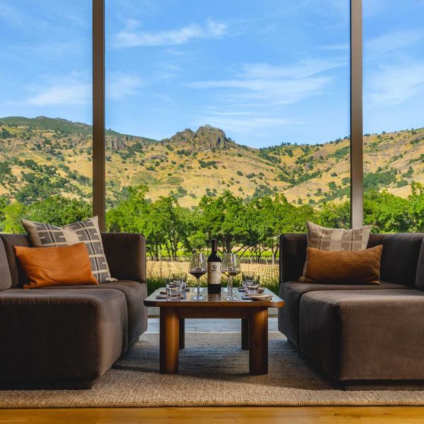 two couches with a coffee table with wine and wine glasses and a large window with a view of Napa