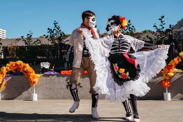 two people dressed as skeletons dancing
