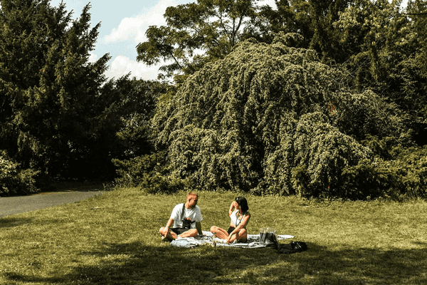 two people sitting on a picnic blanket in the park