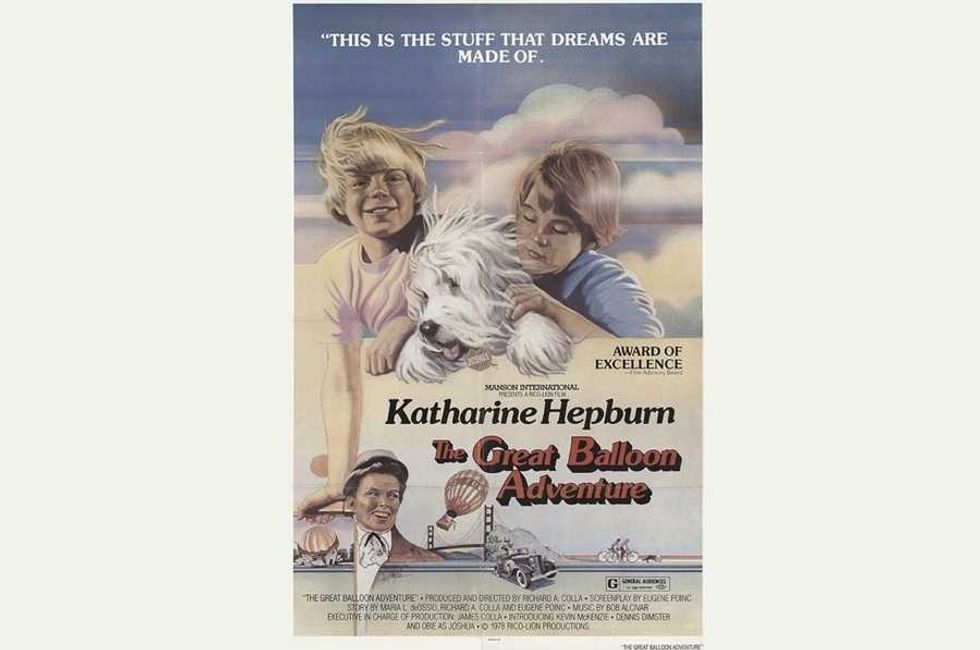 Vintage poster for "The Great Balloon Adventure" with kids, a dog, and hot air balloons.