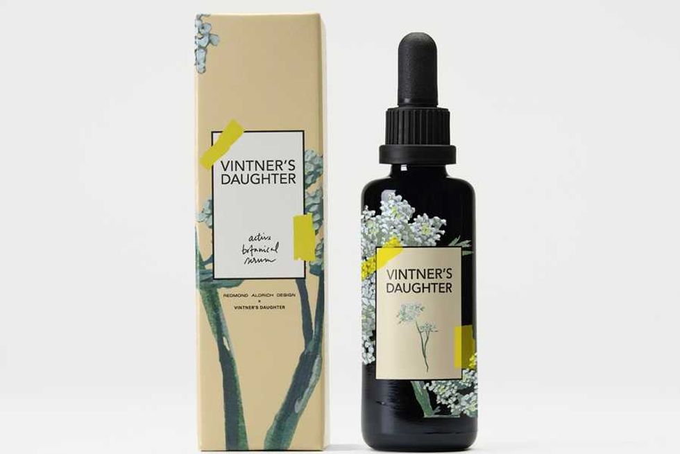 Vintner's Daughter serum bottle and box with floral design.