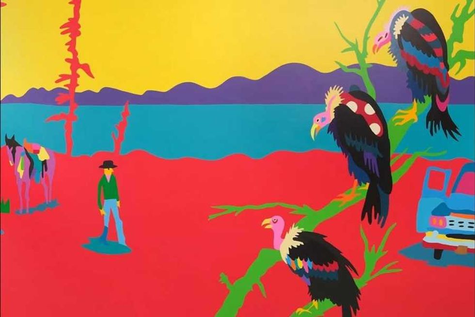 Vivid desert scene with vultures, cowboy, horse, truck, colorful landscape.