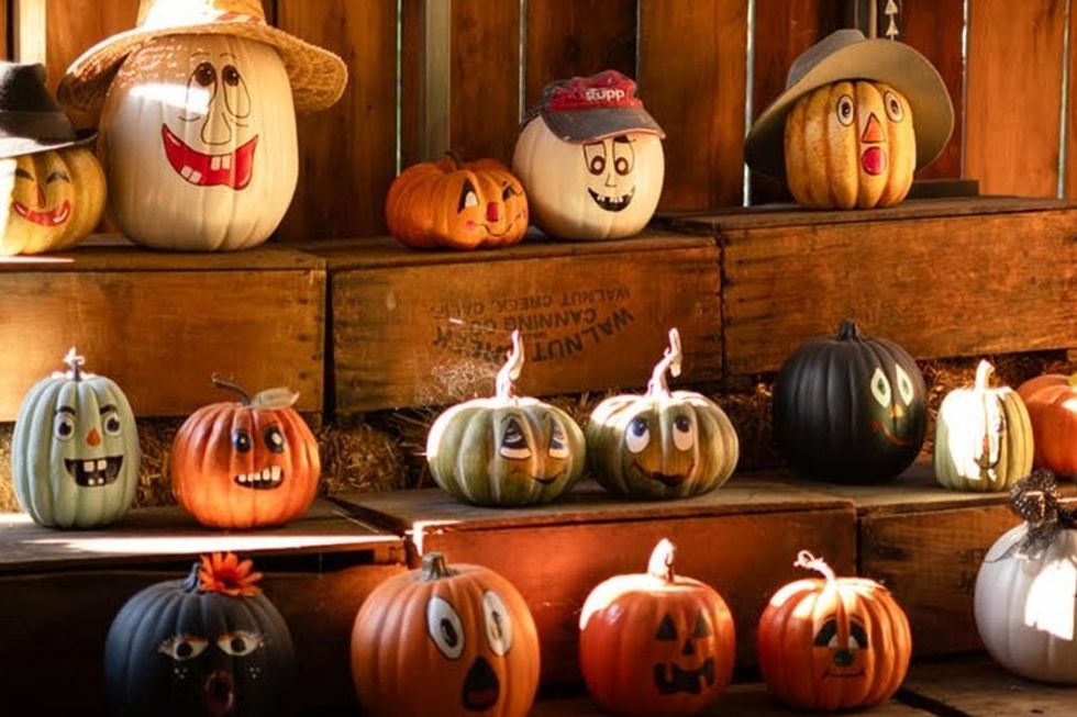 Whimsical painted pumpkins with faces, wearing hats, displayed on wooden crates.